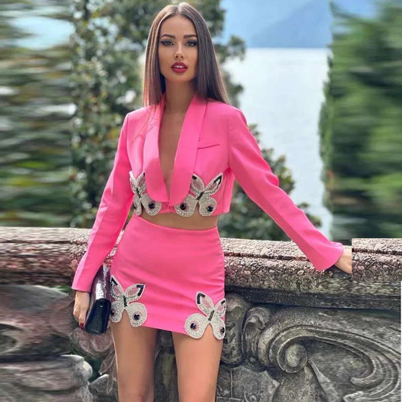 2024 new style heavy industry nail-beaded diamond butterfly short suit half skirt set two-piece