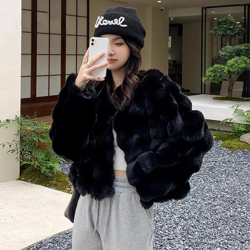 FANIECE Autumn Winter Faux Fur Women Coat Fashion Plush Solid O Neck Fake Fur Outwear Casual Streetwear Luxury Party Jacket Tops