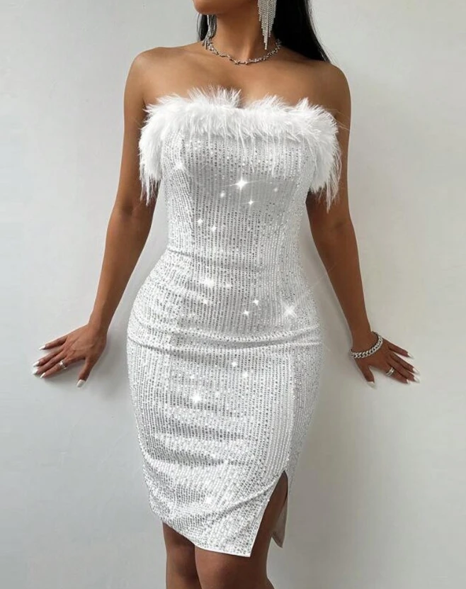 

Dresses for Women 2023 Sexy Sleeveless Dress Feather Detail Allover Sequin Party Dress Elegant and Tight Fitting Strapless Dress