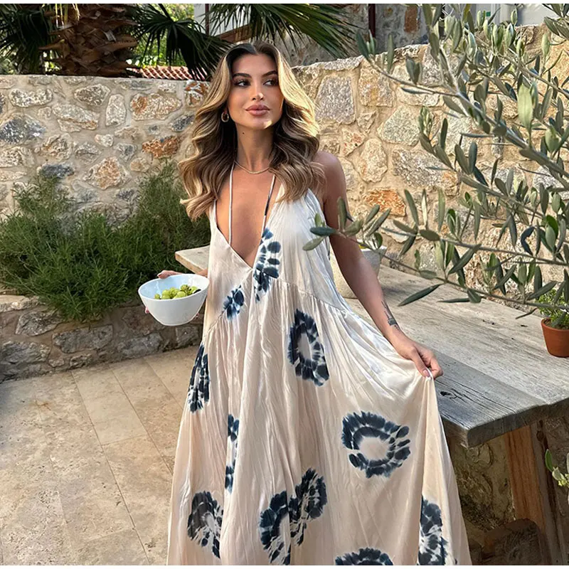

Printed Beach Women Dress Sexy Backless Sleeveless Female Vacation Dresses 2023 Summer Bandage V-neck Elegant Lady Robe p1018