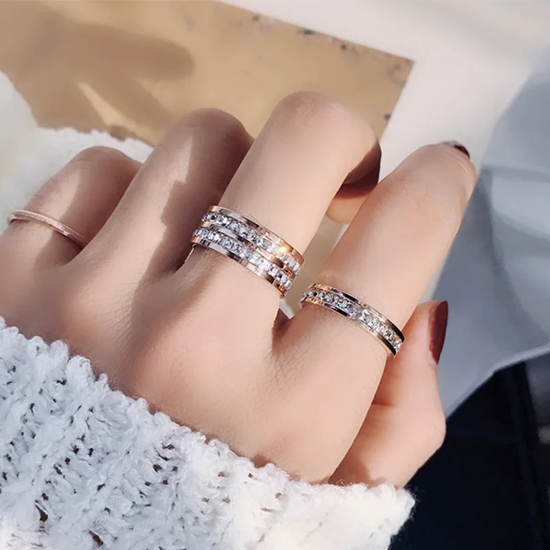 524335-921713.jpg Clear White Stones Wedding Women Ring Stainless Steel 1 and 2 Rows Bling Zircon Fashion Pair Ring Female Jewelry - Image 1