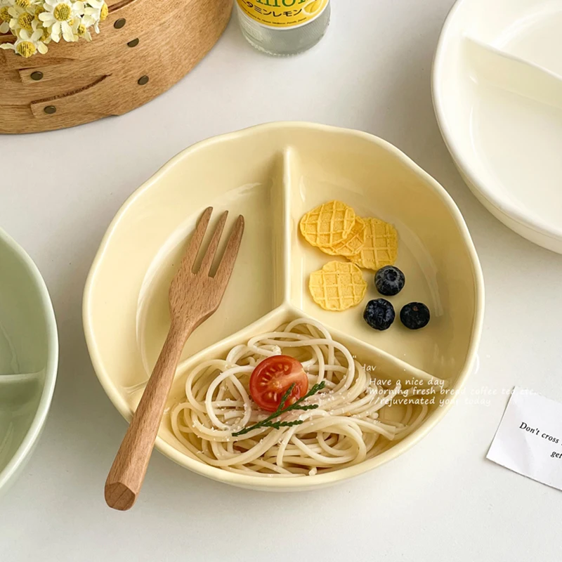 Exquisite Divided Plate High-end Household Ceramic Plates Solid Color Large Capacity Breakfast Dish Simple Fruit Salad Tableware