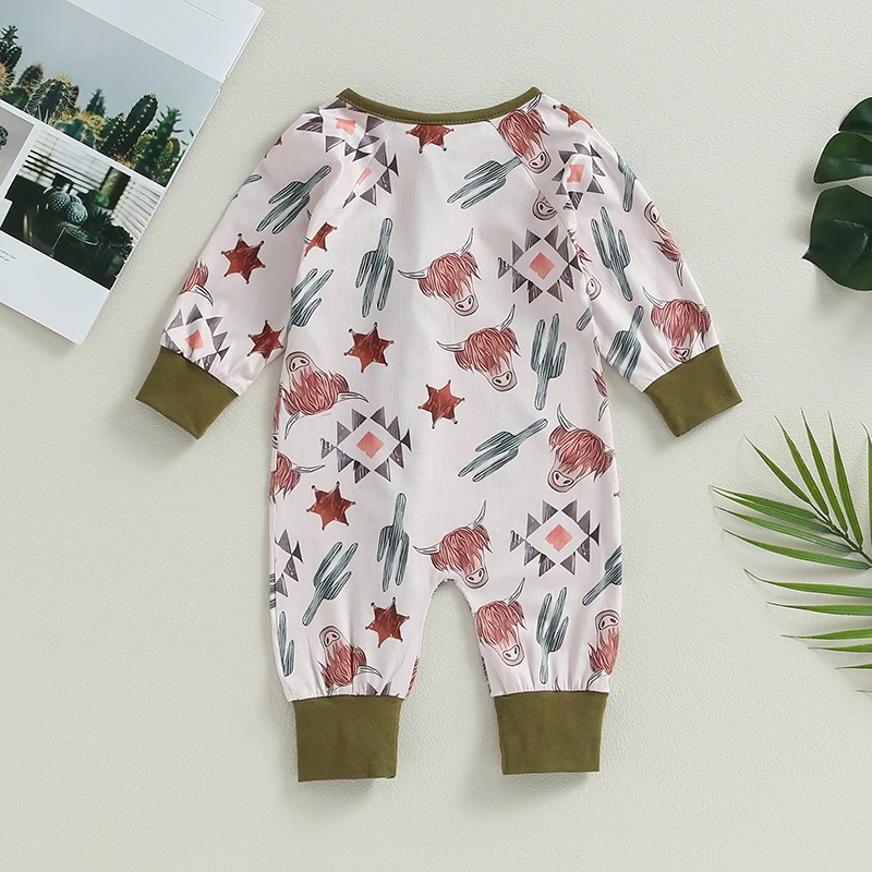 

Повседневный комбинезон с круглым вырезом для маленьких девочек, комбинезон с длинными рукавами, головой крупного рогатого скота, КАКТУСОМ и принтом крупного рогатого скота