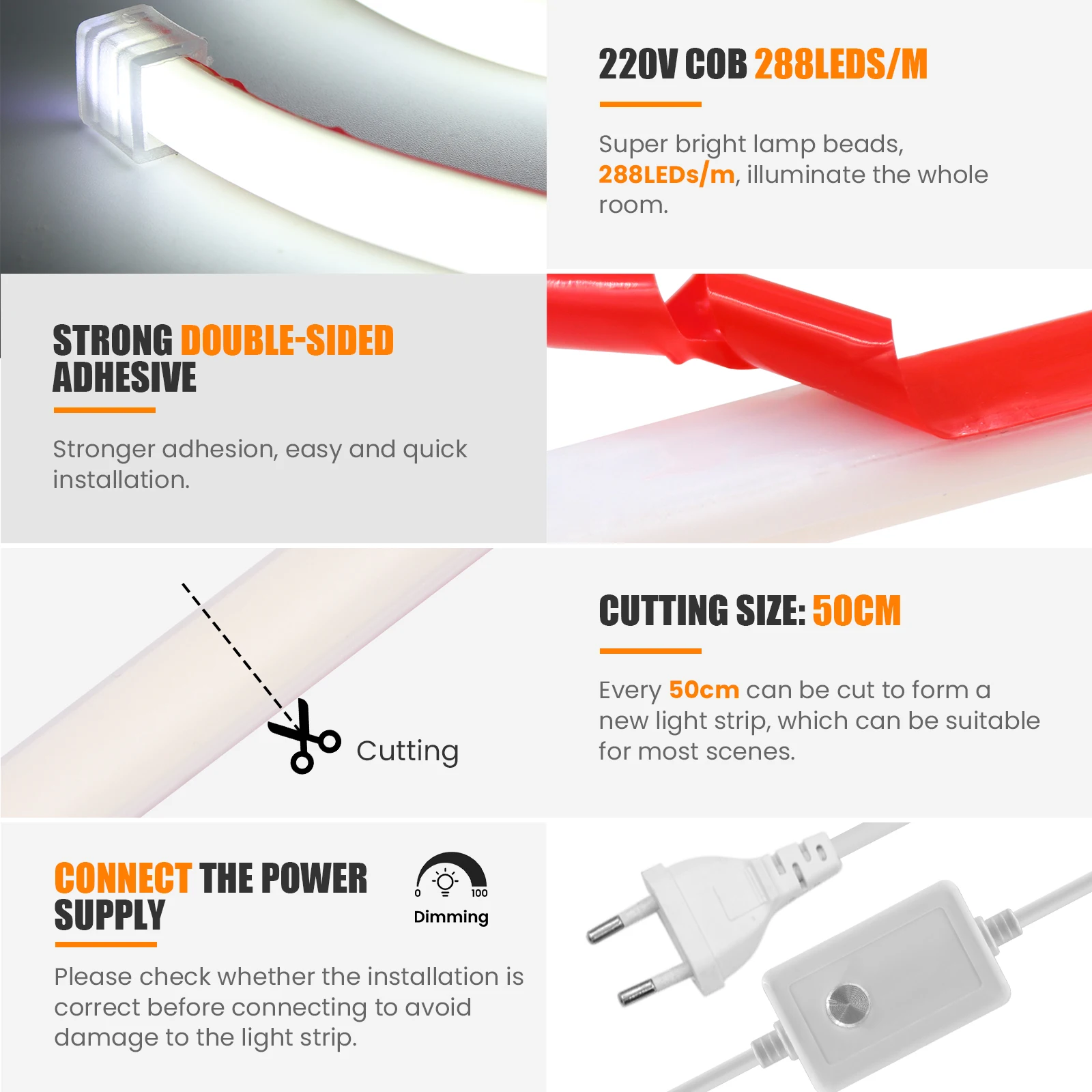 220V Dimmable COB LED Neon Strip Light 288Leds/M IP67 With Switch/Dimmer EU Plug Flexible Adhesive Tape for Home Garden Lighting 5