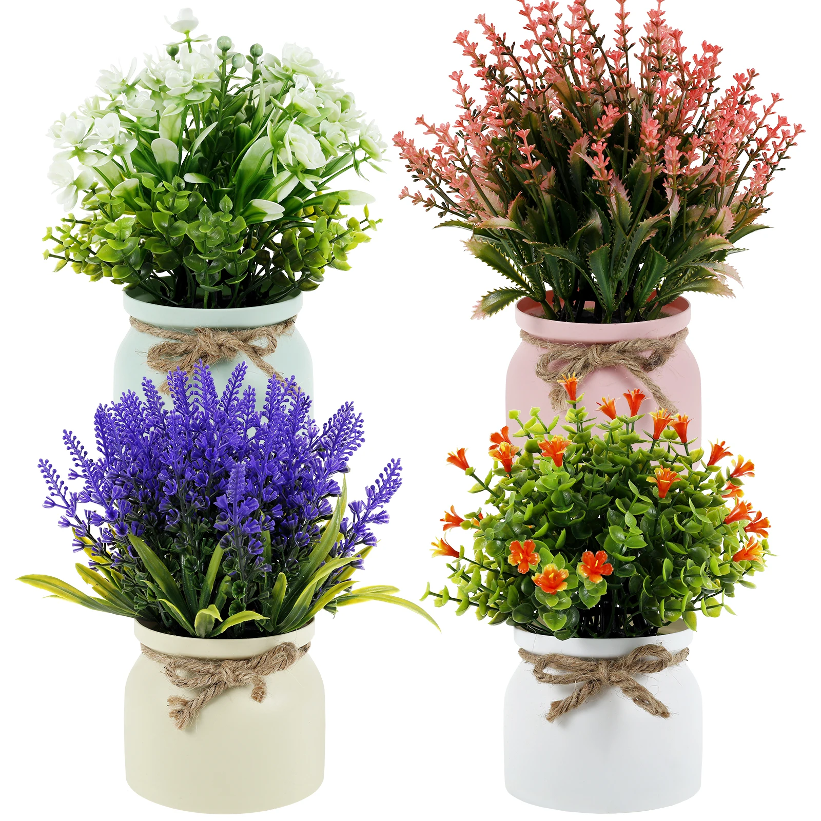 

4 Pcs Artificial Potted Flowers Realistic Fake Potted Plants Plastic Faux Flowers in Pot Fake Colorful Artificial Flower Potted