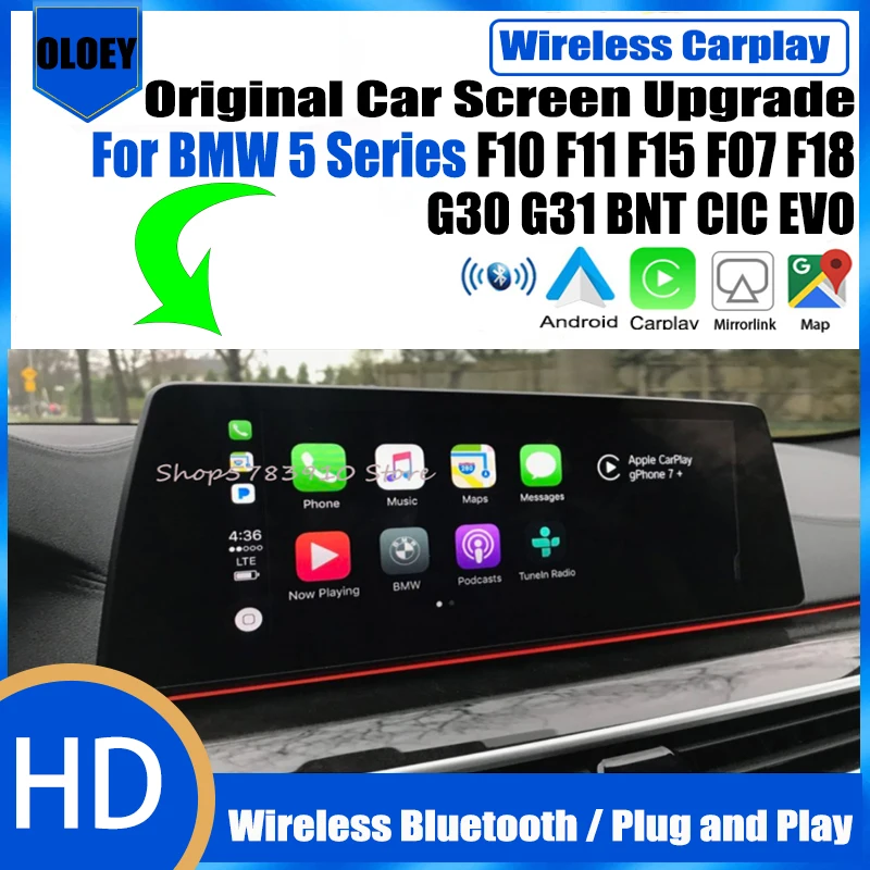 Apple CarPlay sem fio com câmera reversa, adaptador de interface Android Auto, BMW Série 5 F10 F11 F15 F07 F18 G30 G31 BNT CIC EVO