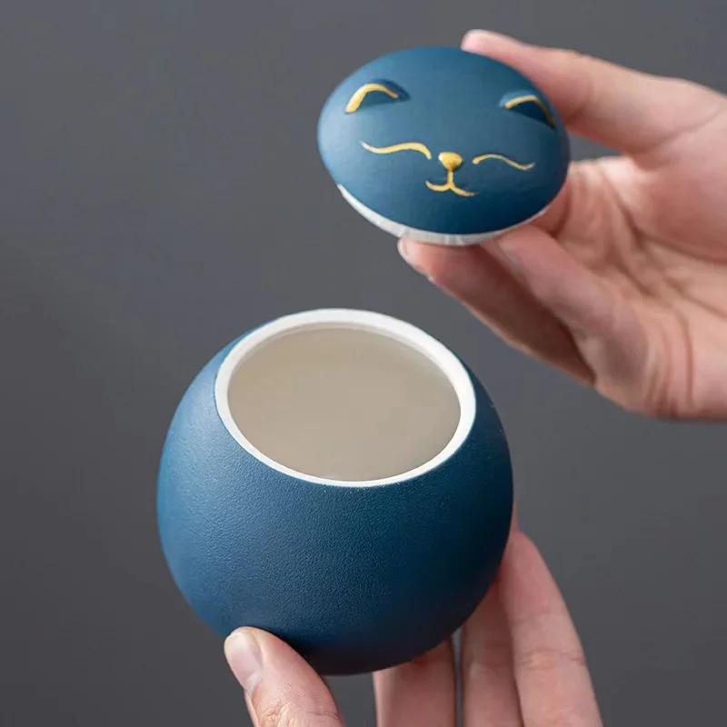 Tea Tin Box Tea Canister Ceramic Storage Jar Airtight Container Ceramic Tea Cans Creative Cute Lucky Cat Storage Jar Household Sealed Moisture Proof Candy Tea Cans