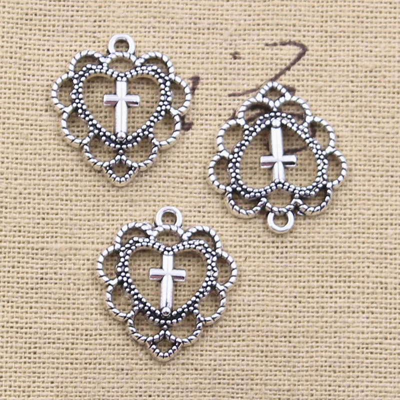 20 Stück Charms Hohlherz Kreuz 22x20mm Antik Silber Farbe Anhänger DIY Handwerk Herstellung von Erkenntnissen Handgefertigter tibetischer Schmuck