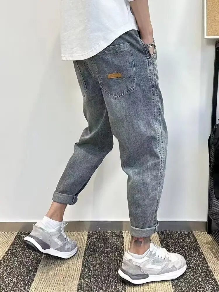 Korean Luxury Clothing Loose Drawstring Denim Harem Pants for Men Vintage Washed Elastic Waistband Jeans Baagy Cargo Pants Men