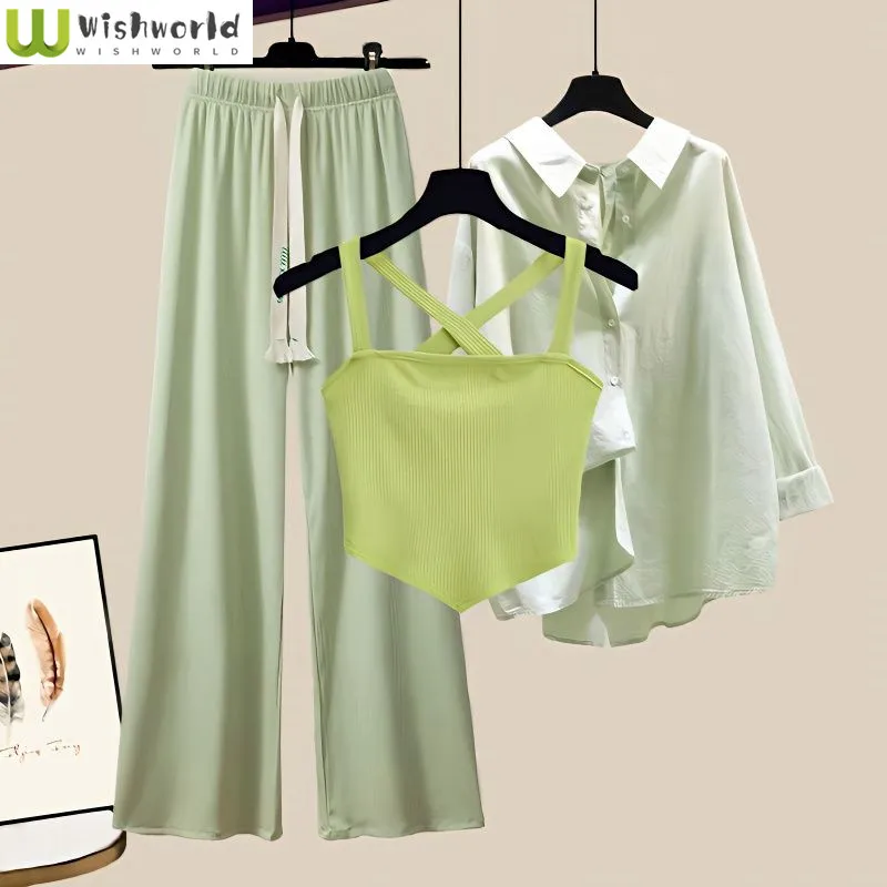 

Fashion Casual Set Women's 2023 New Slim Korean Shirt Cross Tank Top Age Reducing Wide Leg Pants Three Piece Set