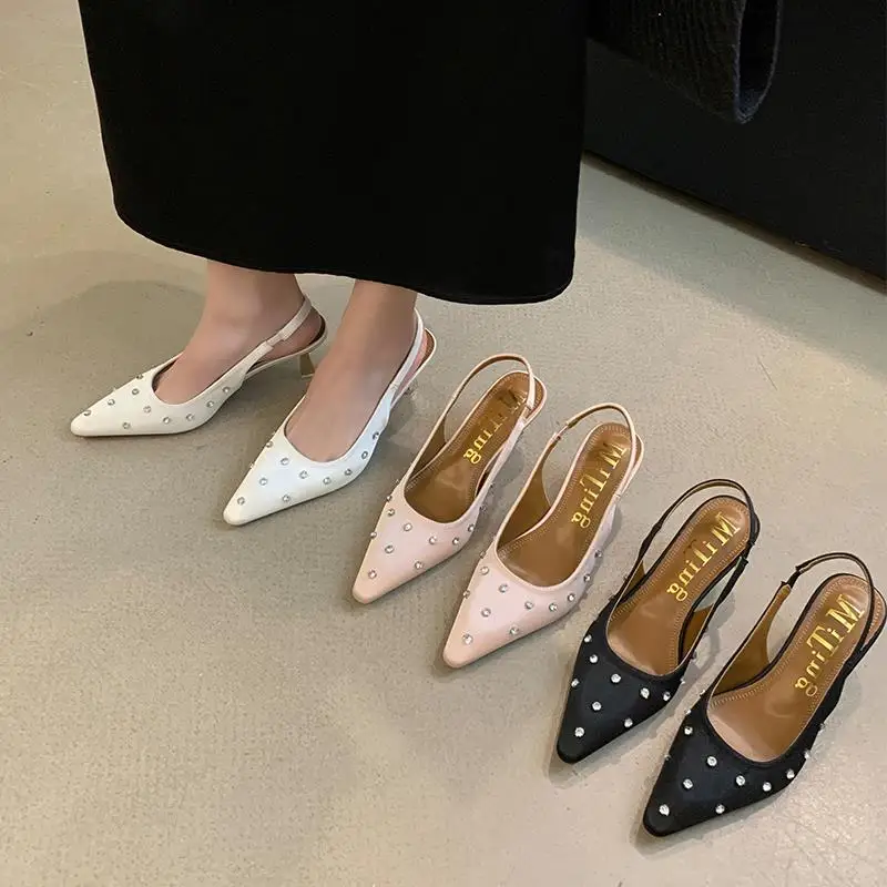 

Pointed Heel Sandals Fashion Womens Shoes 2024 Suit Female Beige Buckle Strap Luxury Girls New Black Closed Rhinestone High Comf