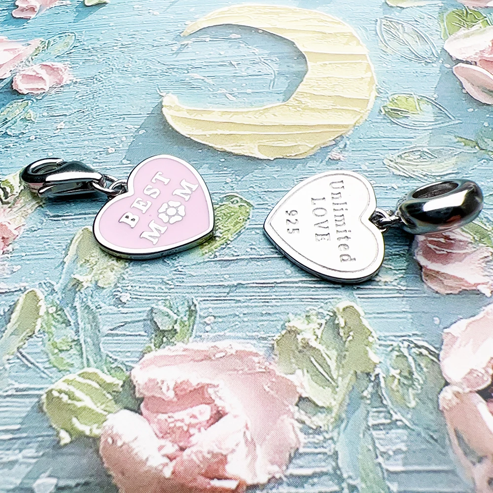 Pink Heart with Best Mom 925 Sterling Silver Dangle Charm Pendant - Main Image