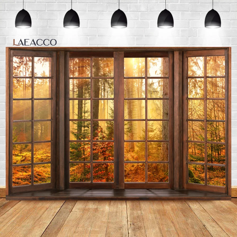 

Laeacco Fall Window Scenery Photography Backdrop Autumn Maple Forest Leaves Pumpkin Party Farm Harvest Event Portrait Background