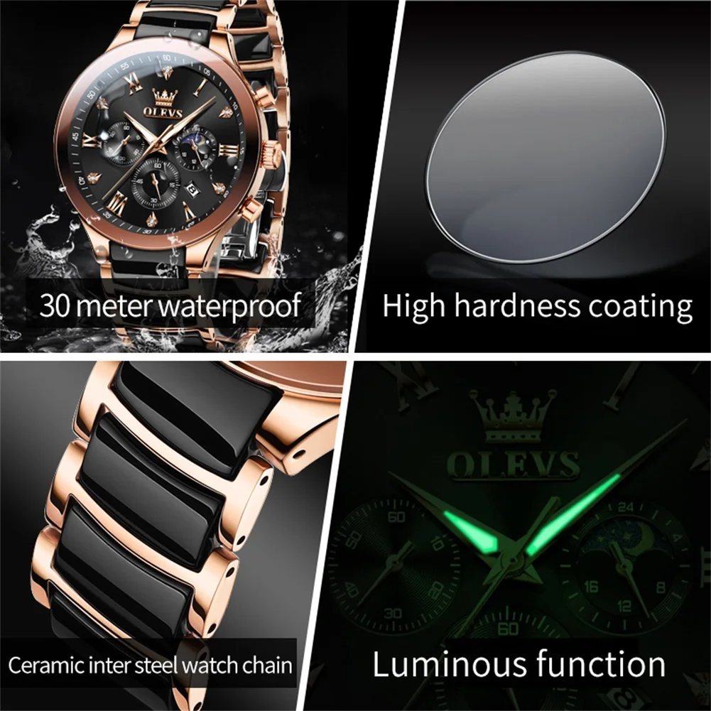 OLEVS 7004 Men's Watches Ceramic Band Chronograph Date Luminous Waterproof Luxury Quartz Watch Man TOP Brand Men Wristwatch Gift