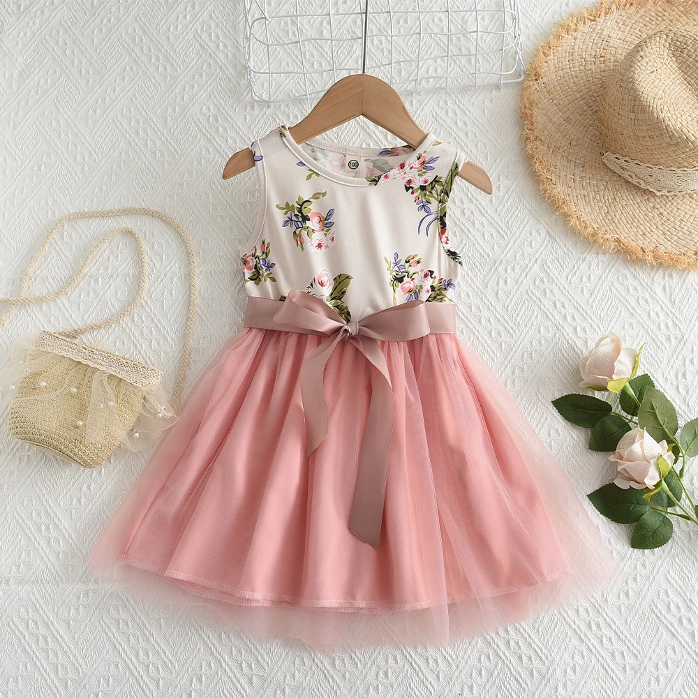Melario New Girls Dress Summer Fashion Bow Mesh Princess Dress Floral Tutu Senza Maniche Vest Dresses Vestidos Kids Wear Clothes