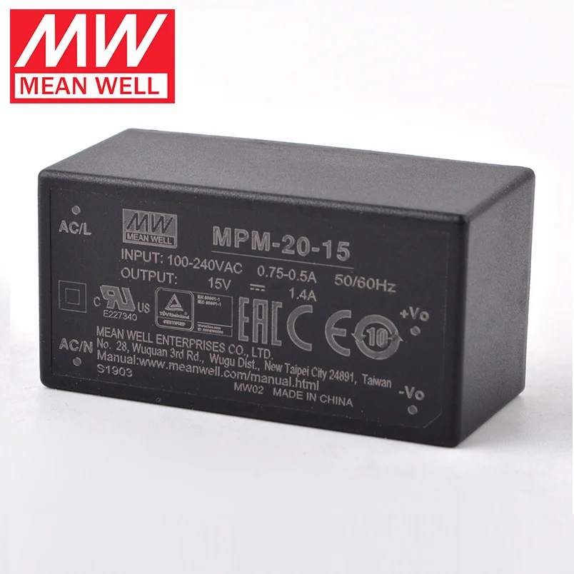 MEAN WELL MPM-20 스위칭 전원 공급 장치, 밀폐형 의료 전원 모듈, 20W, 3.3, 5, 12, 15, 24V