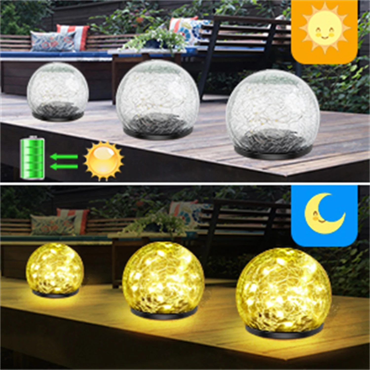 Outdoor Solar Garden Light Round Cracked Glass Lamp Waterproof Landscape Decor Ball Light for Villa Walkway Path Yard Holiday 3