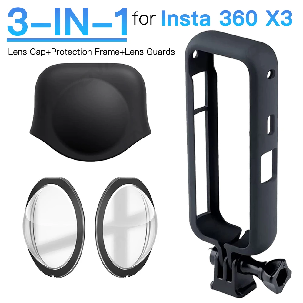 3-IN-1 Lens Cap Protector + Protection Frame + Lens Guards for Insta 360 X3 Sports Camera Protector Set Anti-scratch Accessories