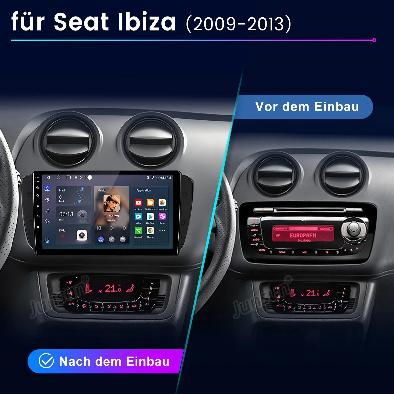 Radio para Auto Junsun con Android 15 para SEAT Ibiza 6J 2009-2013, CarPlay Inalámbrico, Android Auto, GPS, 4G, WiFi, DSP, FM, Reproductor Multimedia, Navegación, Unidad Principal 2