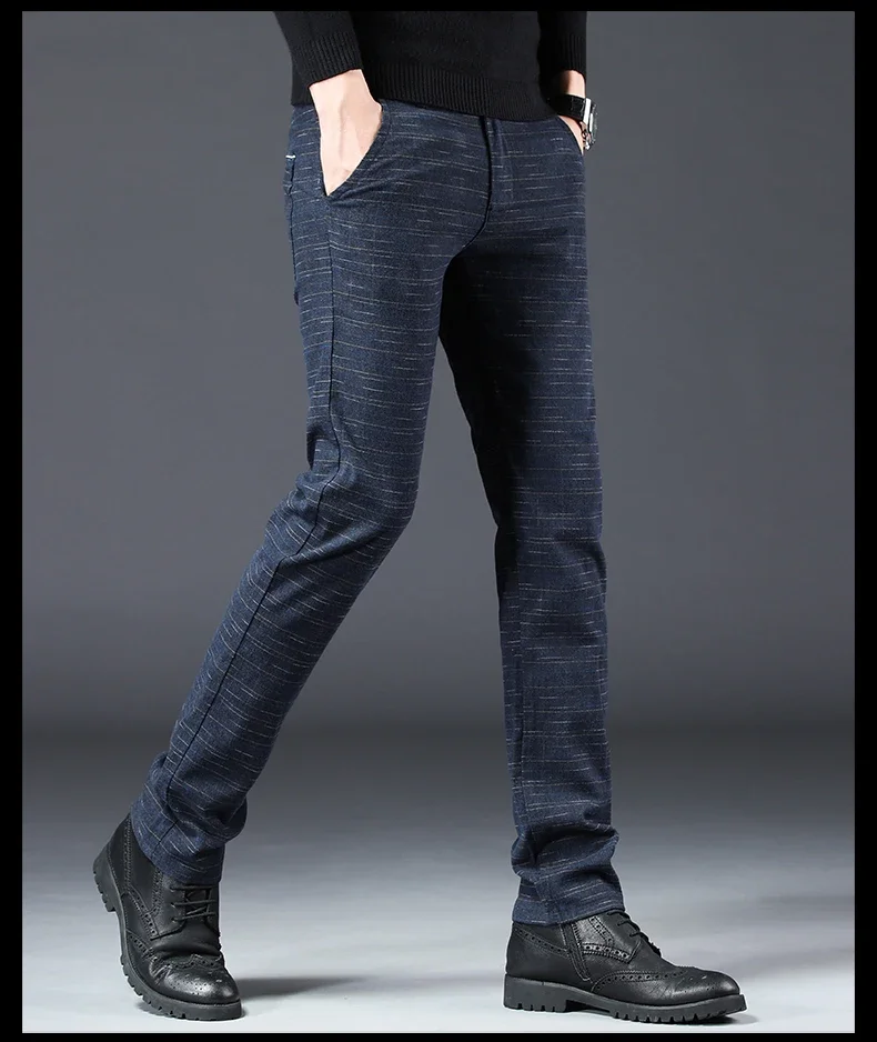 Herbst Winter Gebürstet Baumwolle-wie männer Business Casual Hosen Elastische Gerade Plaid Modische Beiläufige Dünne Hosen Männlich – Detail 14
