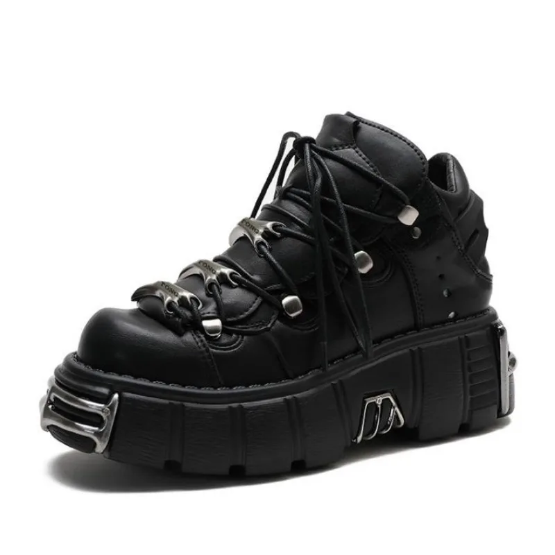 

6CM Winter Punk Sneakers Autumn Women Genuine Leather Shoes Platform Motorcycle Shoes Gothic Metal Decor Chunky Sneakers Woman
