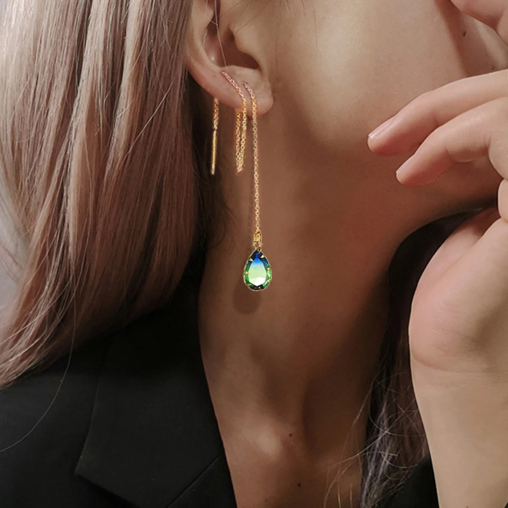 Stainless Steel Colorful Zircon Water Drop Long Chain Earrings for Women Girls Linear Crystal Threader Earrings Jewelry drop earrings long earrings crystal earrings