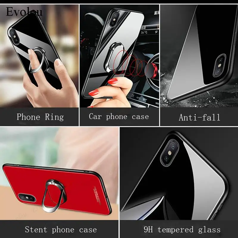 Magnetic Ring Stand Holder Phone Case with Tempered Glass and Shockproof Soft Frame Cover & Lanyard