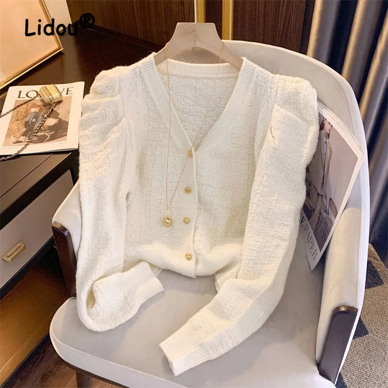 Fashion Solid Color Single-breasted Blouse Cardigan New Classic Long Sleeve V-neck Knitting All-match Lady Vintage Shirt 2023