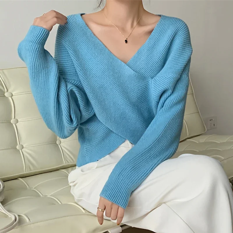 

Autumn Sexy V-Neck Women Knitted Sweater Vintage Office Lady Pullovers Sweaters Ladies Winter Korean Irregular Knitwears 28576