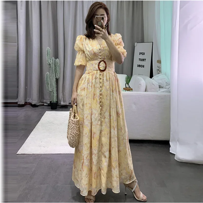 

High Quality Summer 2024 New Fashion Women Sexy V-Neck Puff Sleeve Flower Print Belt Button Casual Holiday Beach Long Dress