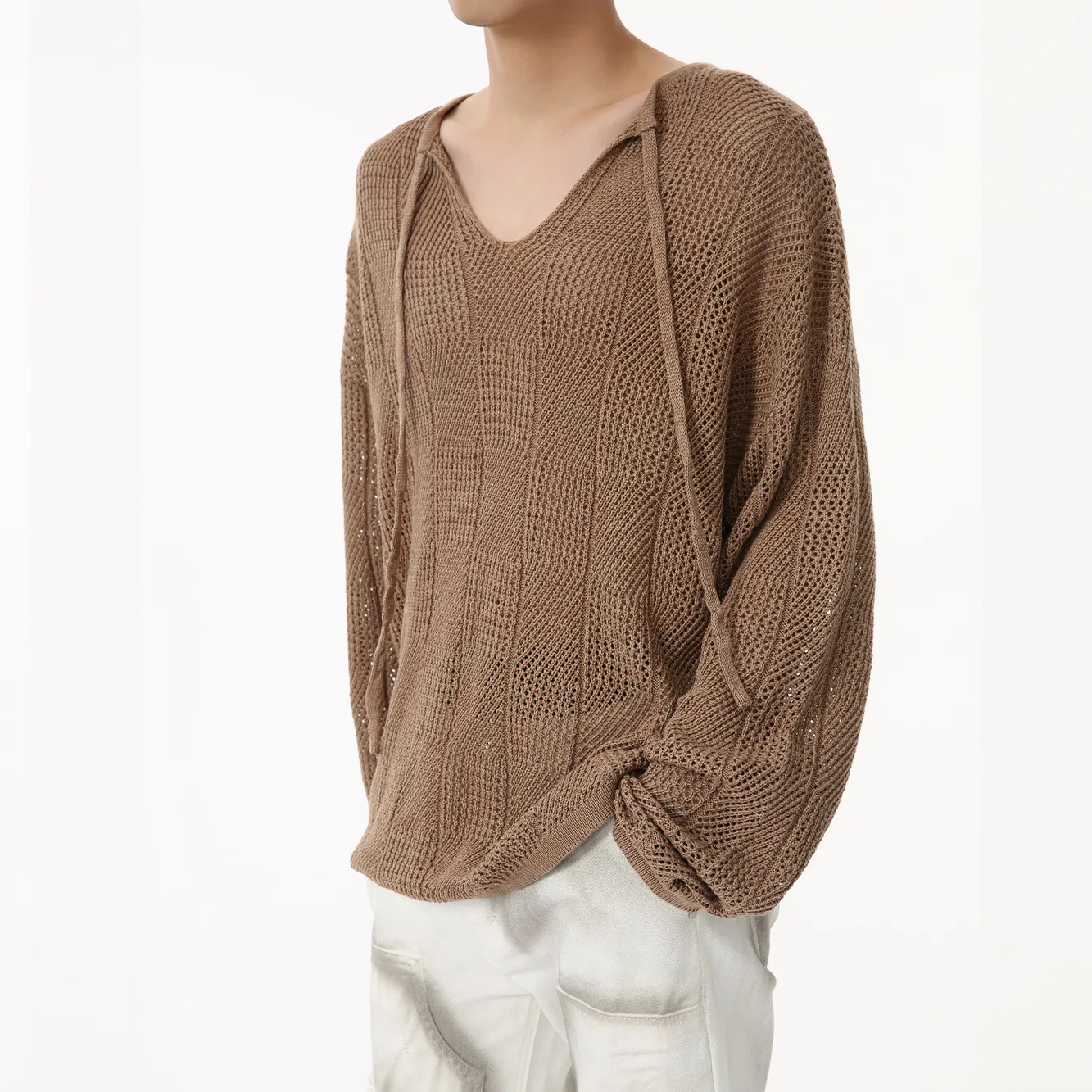 Men's Korean Style Lazy Loose Hollow Thin Knitted Shirt Trendy 2024 Autumn Long Sleeve Pullover Sweater Shirts 3