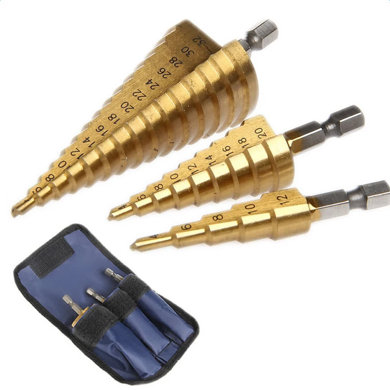 

3Pc Hss Step Cone Taper Drill Bit Set Hole Cutter Metric 4-12/20/32Mm 1/4 Inch Titanium Coated Metal Hex Bits
