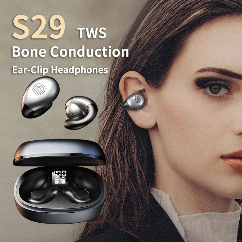 

S29 Bone Conduction Concept Bluetooth 5.2 Earphones Ear-Clip Earring Wireless Headphones With Mic HiFi Bass Sports Games Headset