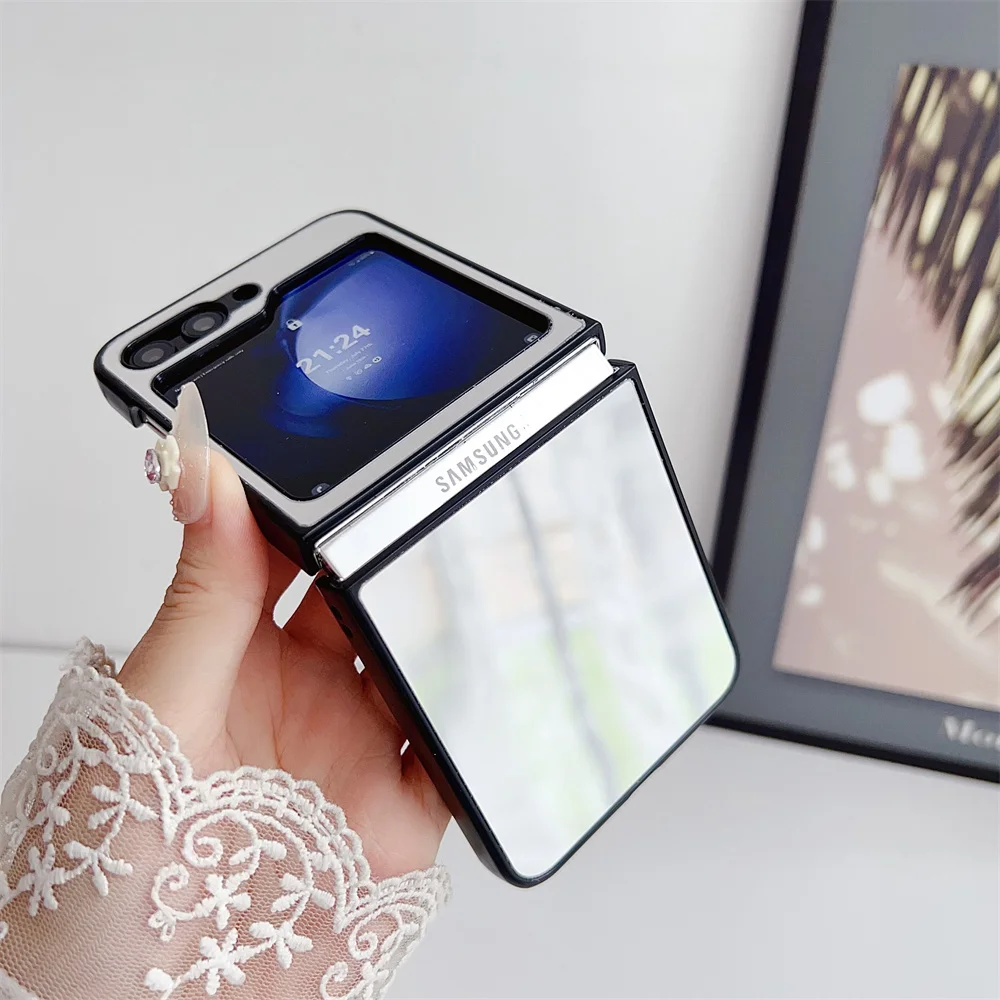 Chic Matte Black Folding Case with Makeup Mirror & Airbag Shockproof Protection