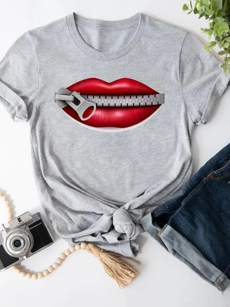 

Lip Funny Style Trend Women Female Fashion Summer Cartoon Shirt Clothing Short Sleeve T-shirts Print T Top Graphic Tee