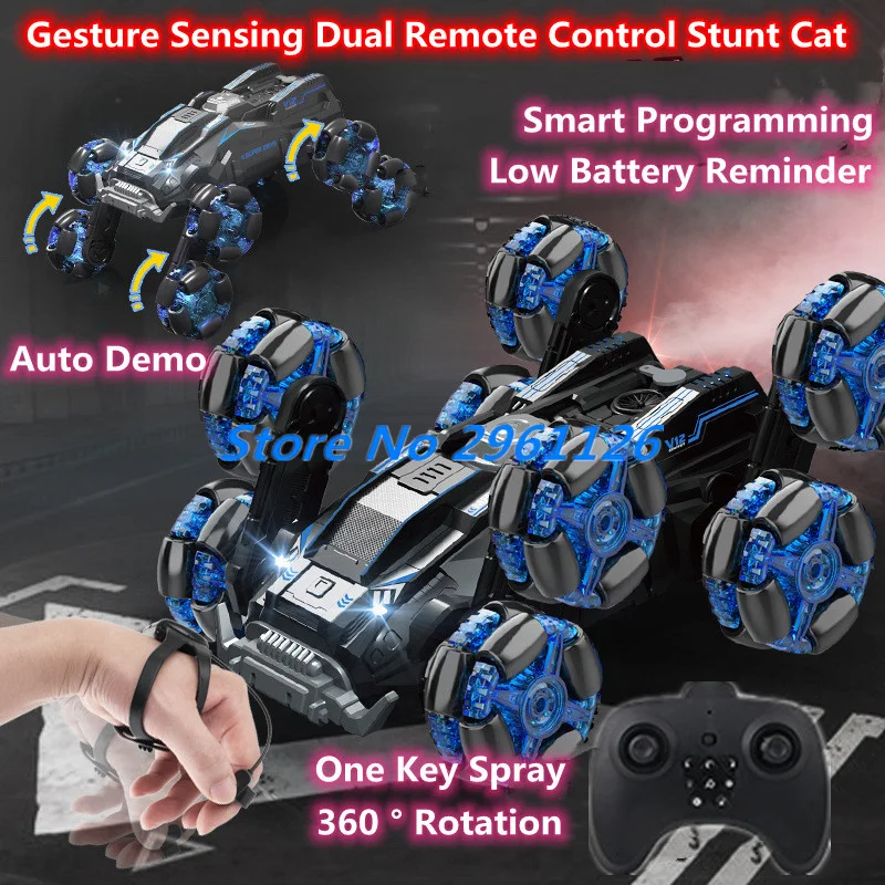 

8 Wheels Watch Gesture Sensing Dual Remote Control Stunt Car 2.4G 360° Rotation Smart Programming One Key Spray RC Stunt Car Toy