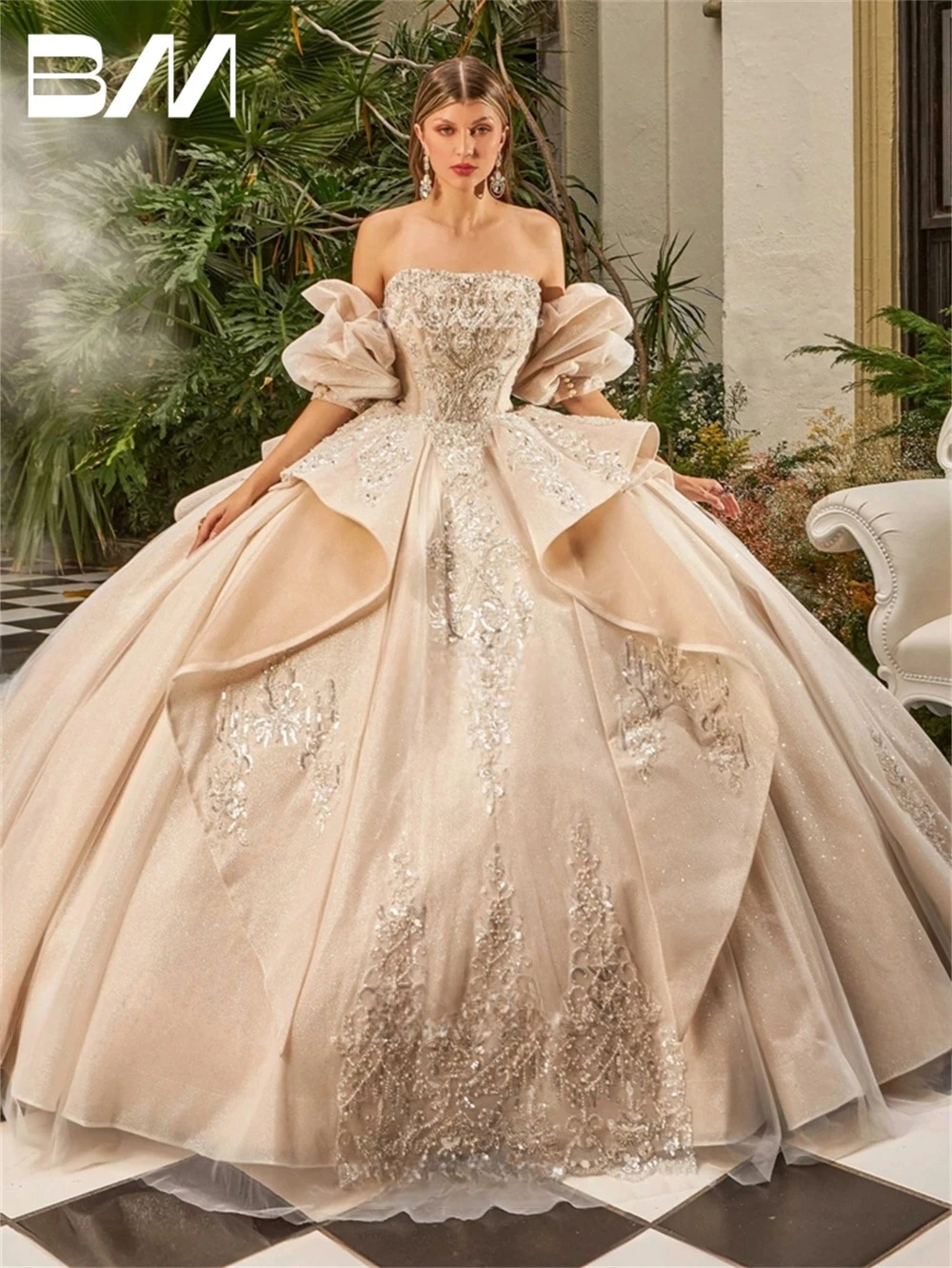 Beaded Rhinestones Sweet 15 16 Dress Ballgown Strapless Sequined Large Train Quinceanera Dress Cocktail Dresses