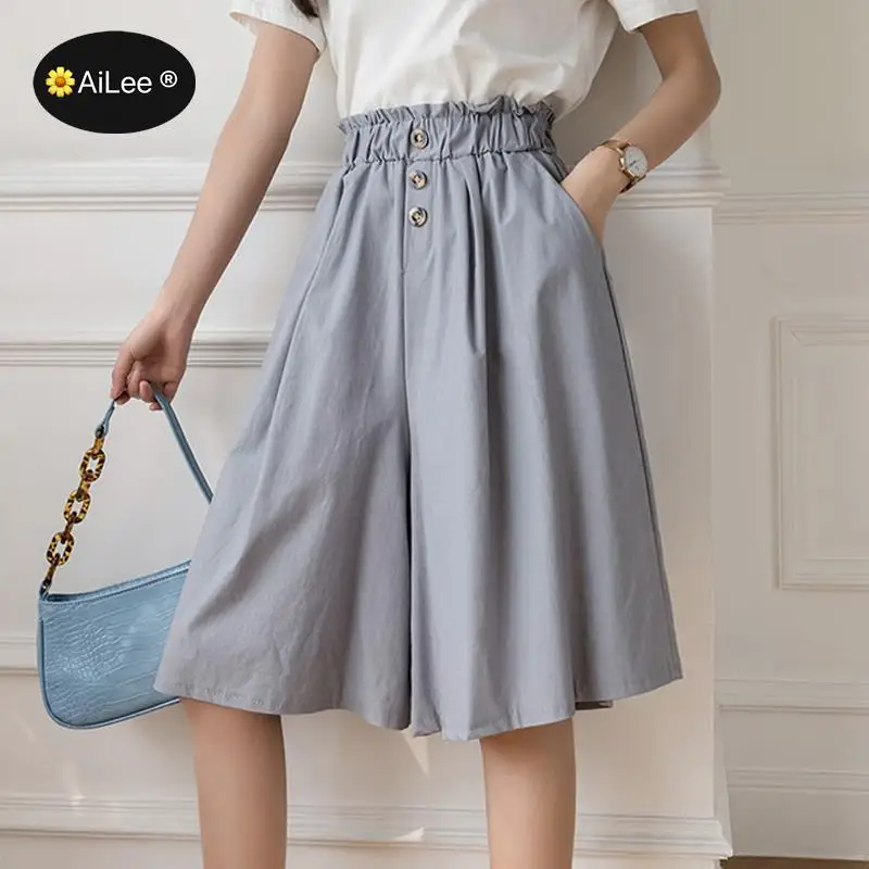 Summer Fashion Wide Leg Shorts Women Casual Elastic Buttons High Waist Loose Knee Length Cotton Shorts Half Long Design Lady