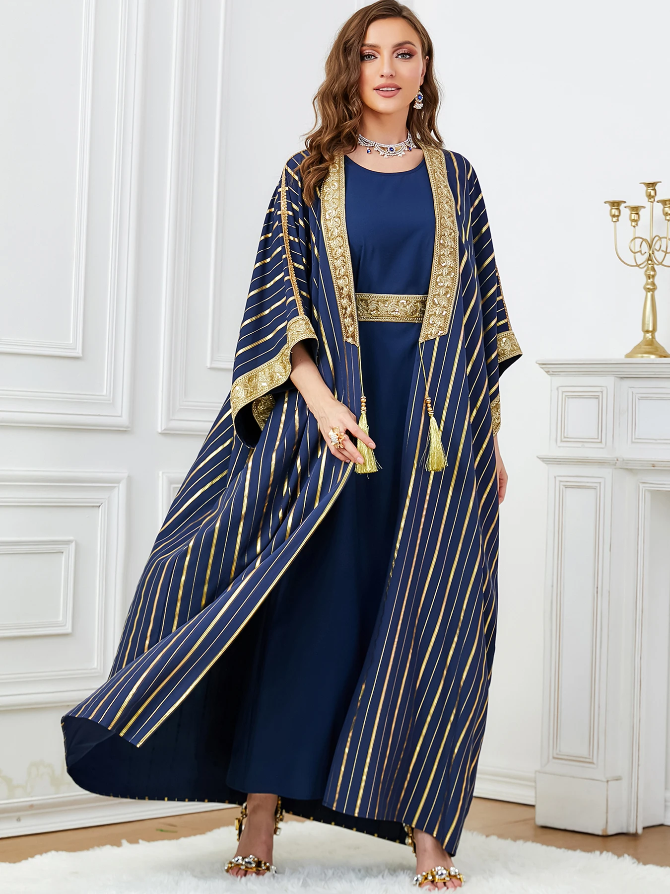 AutumnMuslimDressforWomenAbaya2PieceSetHalfSleeveCaftan