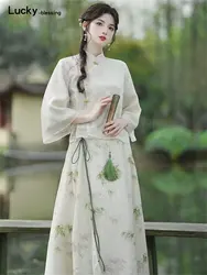 Retro Chinese Style Very Fairy Floral Short-Sleeved Chiffon Shirt Mid-length Skirt Women's Summer New Fashion Girls Hanfu Suit