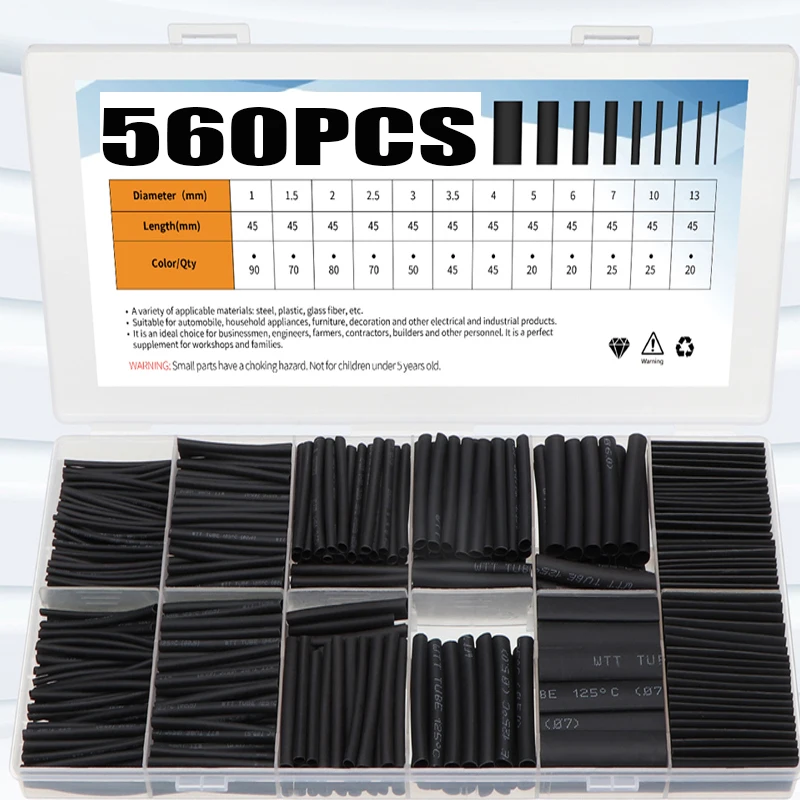 560pcs Heat-shrink Tubing Thermoresistant Tube Heat Shrink Wrapping Kit Electrical Connection Wire Cable Insulation Sleeving