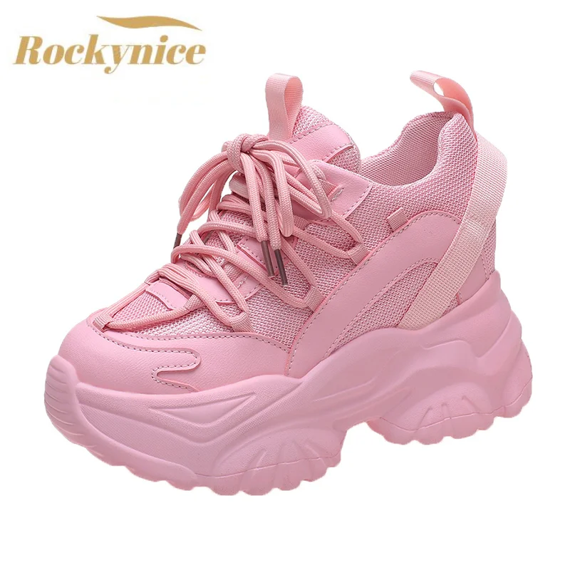 2022 Spring Breathable Mesh Chunky Sneakers Women Wedge Casual Sport Shoes Lace-up High Heels 9.5CM Platform Shoes Zapatos Mujer