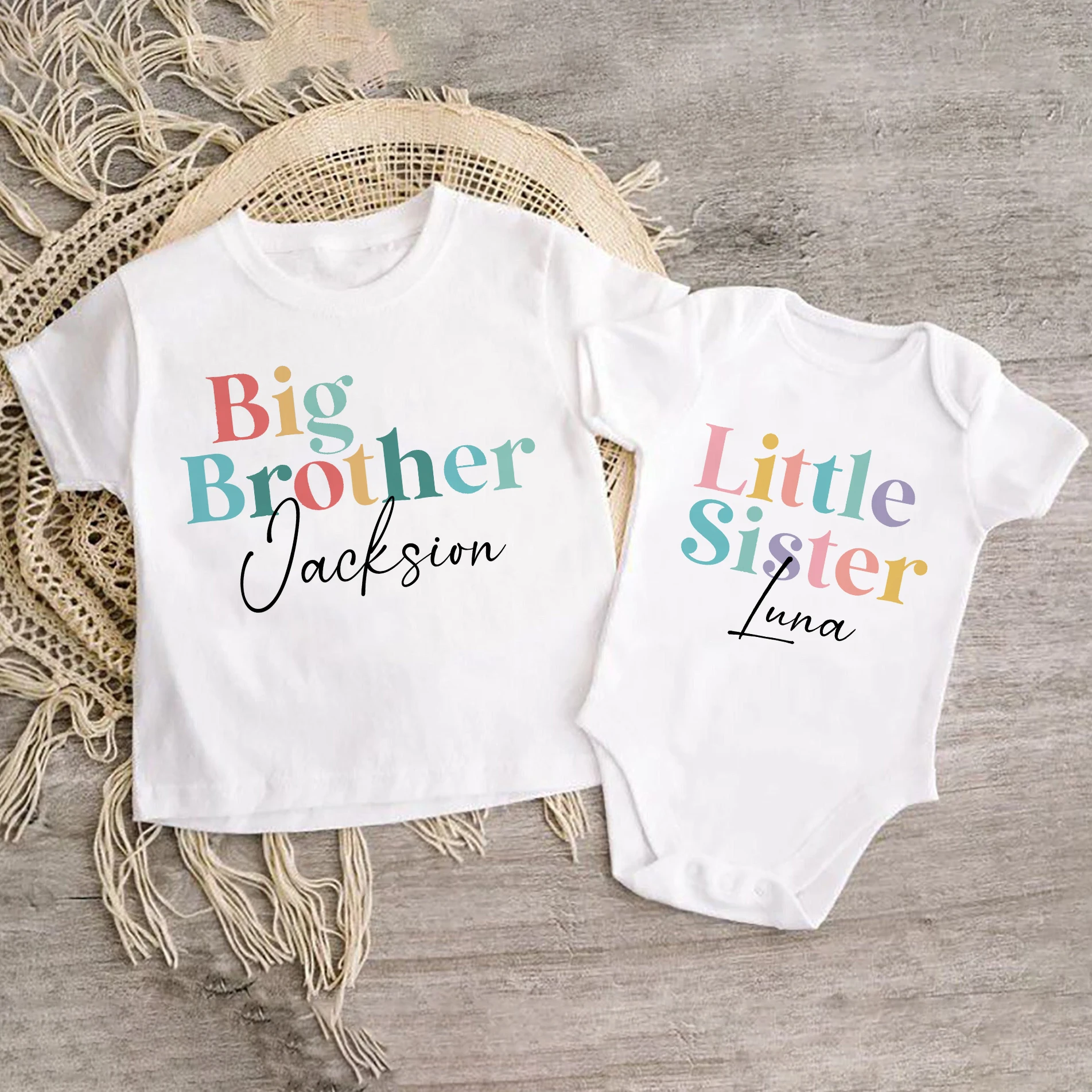 Personalized Big Brother Little Sister Matching Shirt Custom Name Sibling T- shirt Girls Boys Short Sleeve Tops Tee Baby Bodysuit - AliExpress, image size:1903x1903