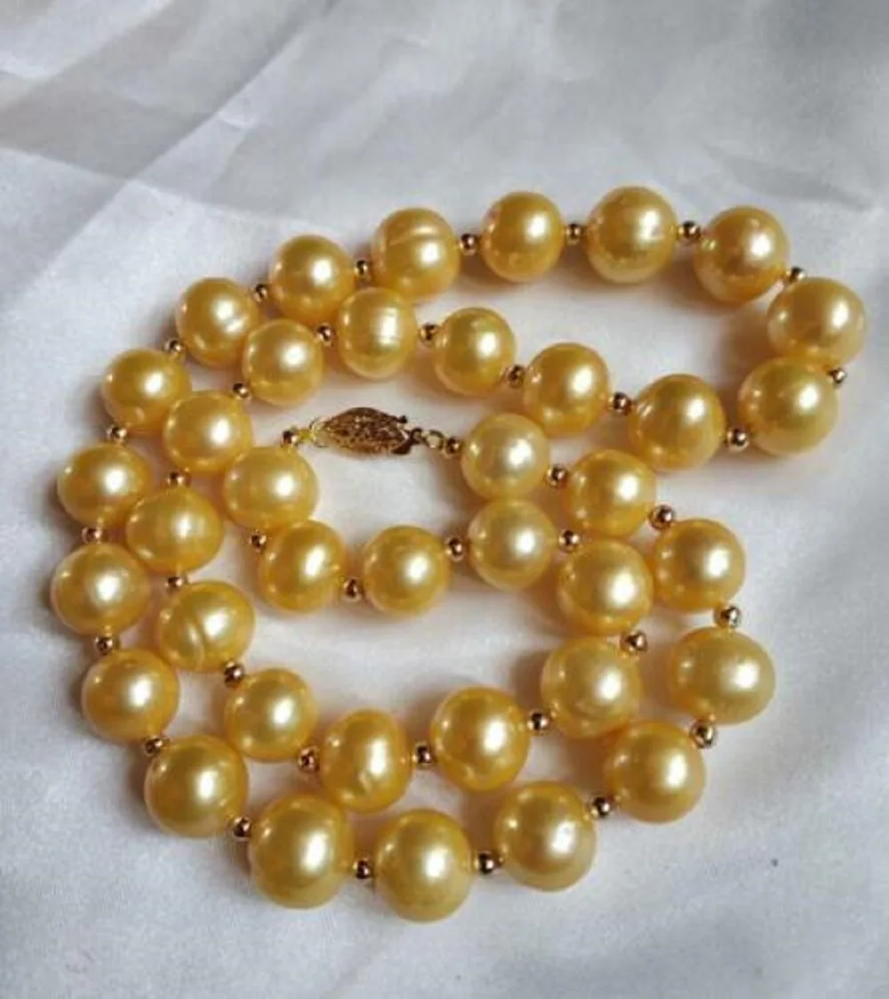 

NEW Handmade AAA++ 9-10mm natural south sea yellow pearl necklace Golden Ball 14kp yellow gold 18in 36in