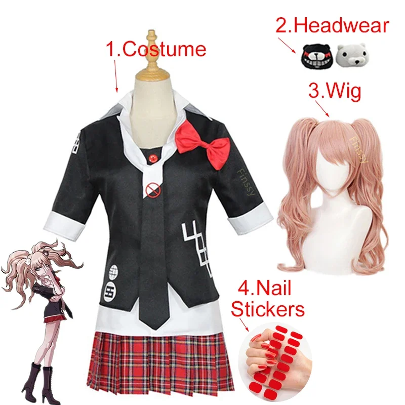 

Anime Danganronpa Cosplay Costume Enoshima Junko Uniform Cafe Work Clothes Short Skirt Double Tail Braid Wig