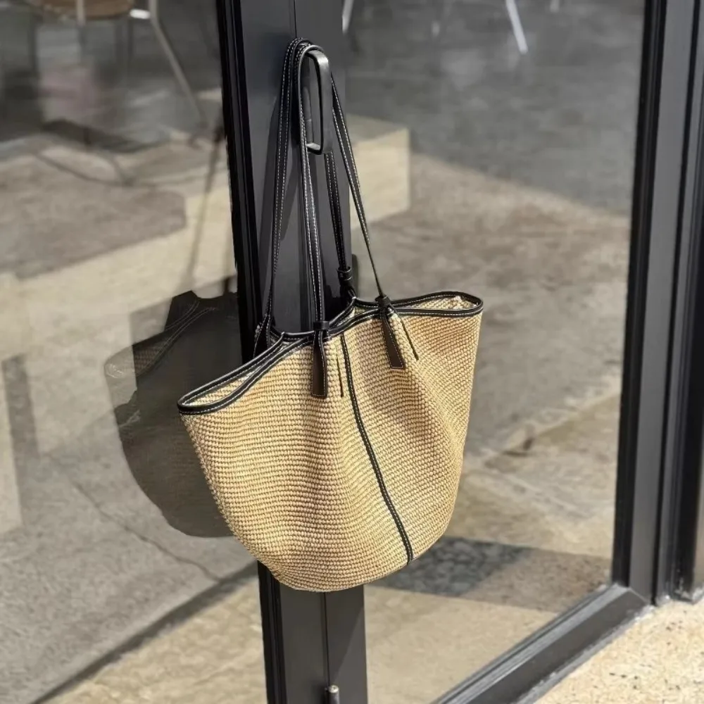 Borsa a Tracolla Intrecciata alla Moda, Pieghevole, Grande Capacità, con Finiture a Contrasto, Borsa Hobo in Rattan - immagine 4