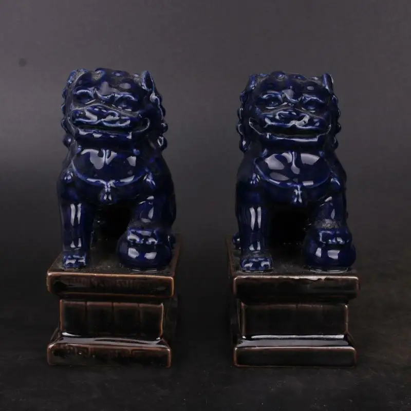 

Chinese Qing Blue Glaze Porcelain 5.90 inch Foo Fu Dog Guardion Lion Statue a pair for Decorative Display Collectible Gift