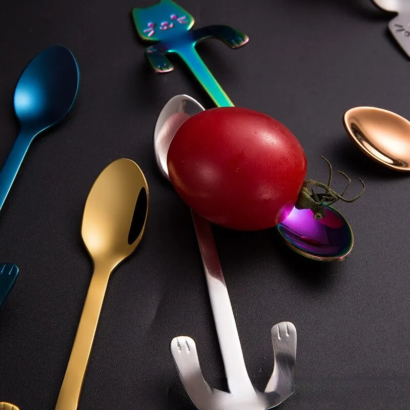 Stainless Steel Spoons 1pc Creative Cat Shaped Coffee Spoon Teaspoon Children Spoon Cake Stirring Sugar Soup Dessert