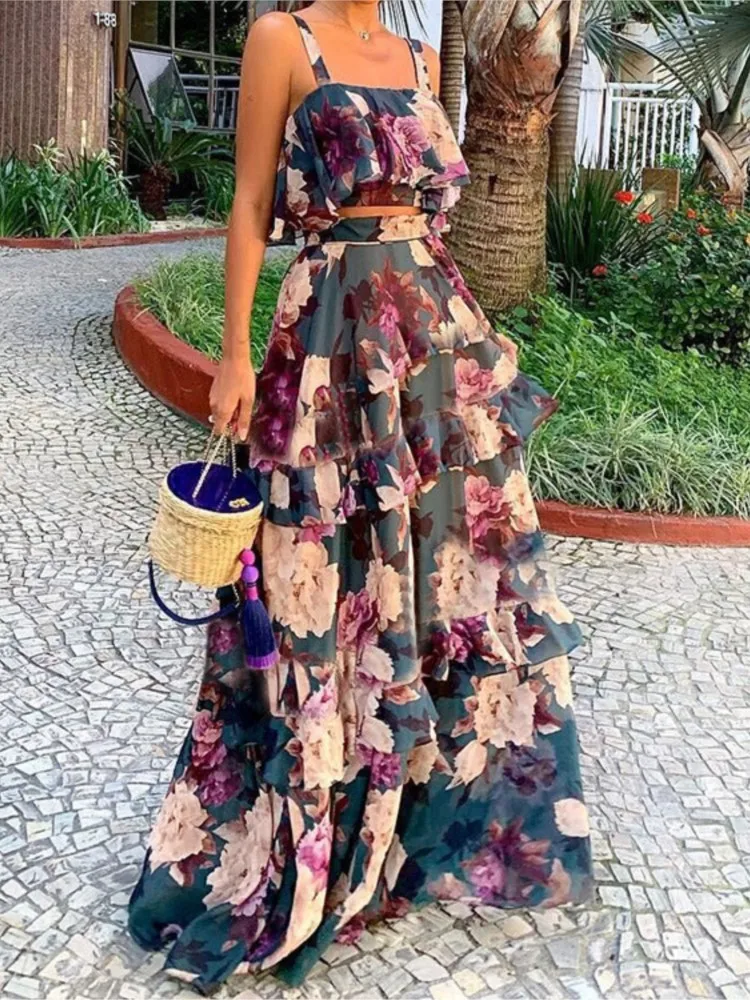 Printed Cami and Layered Skirt Set