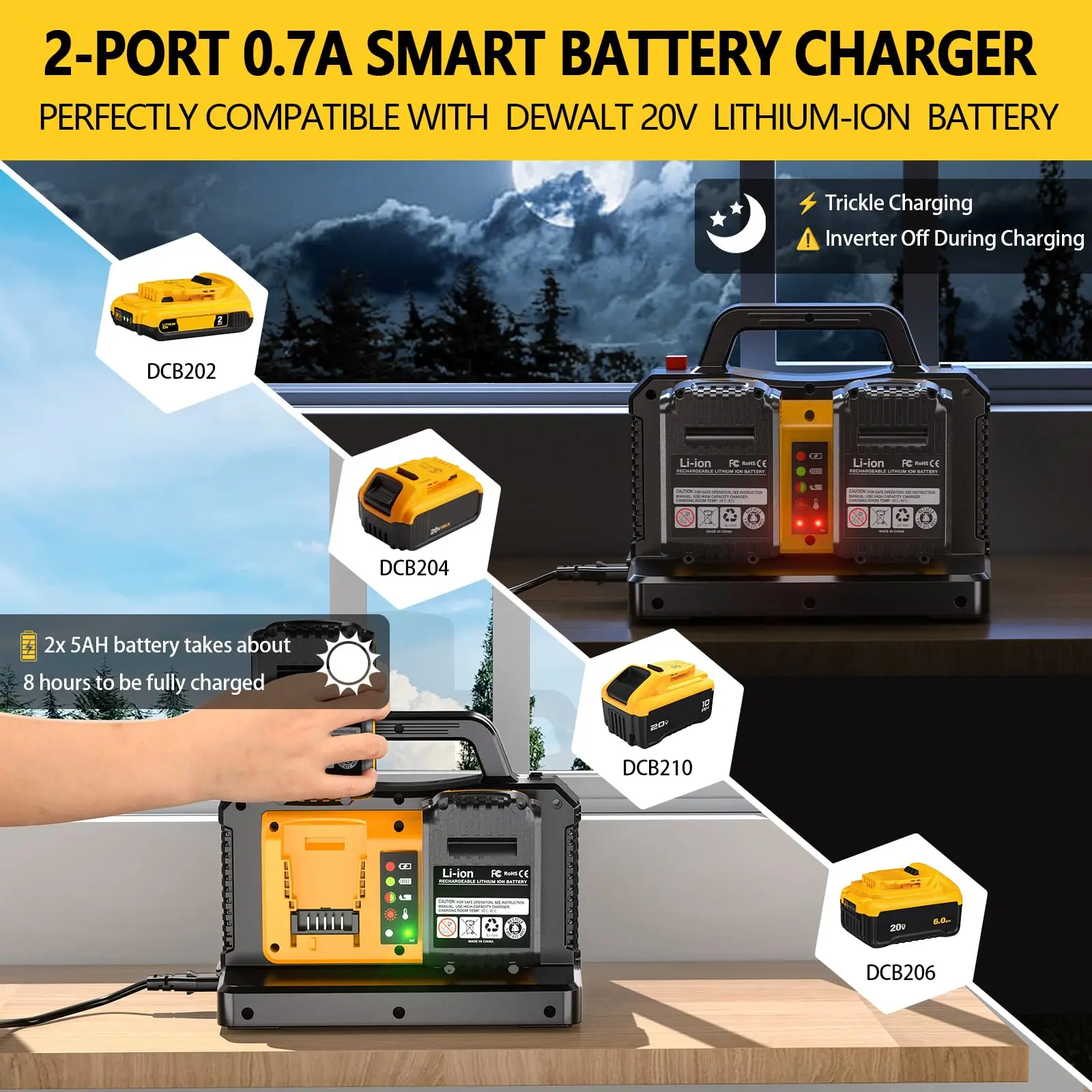 Portable Pure Sine Wave Power Inverter Battery Charger 2 in 1 for DeWalt 20V Bat